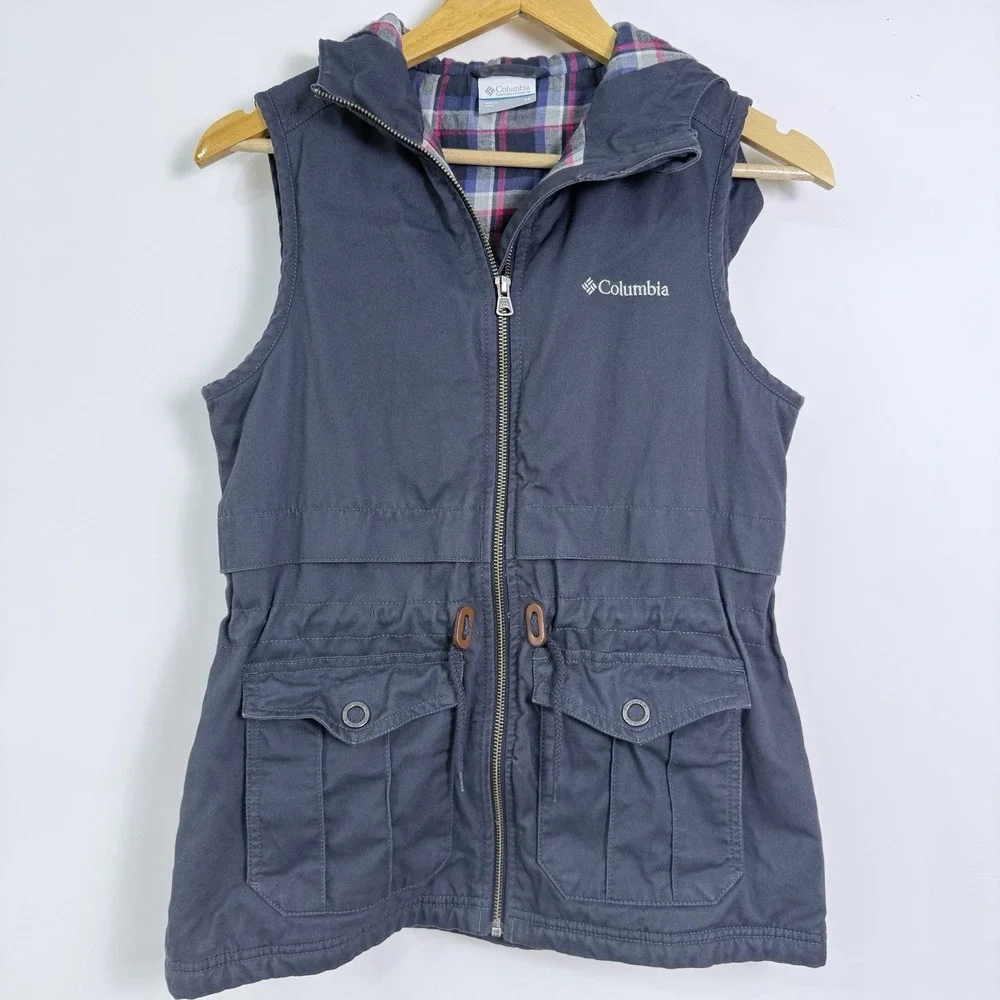 Columbia Jacket Vest Womens XS Gray Hooded Full Zip‎ Blanket Lined Front Pockets